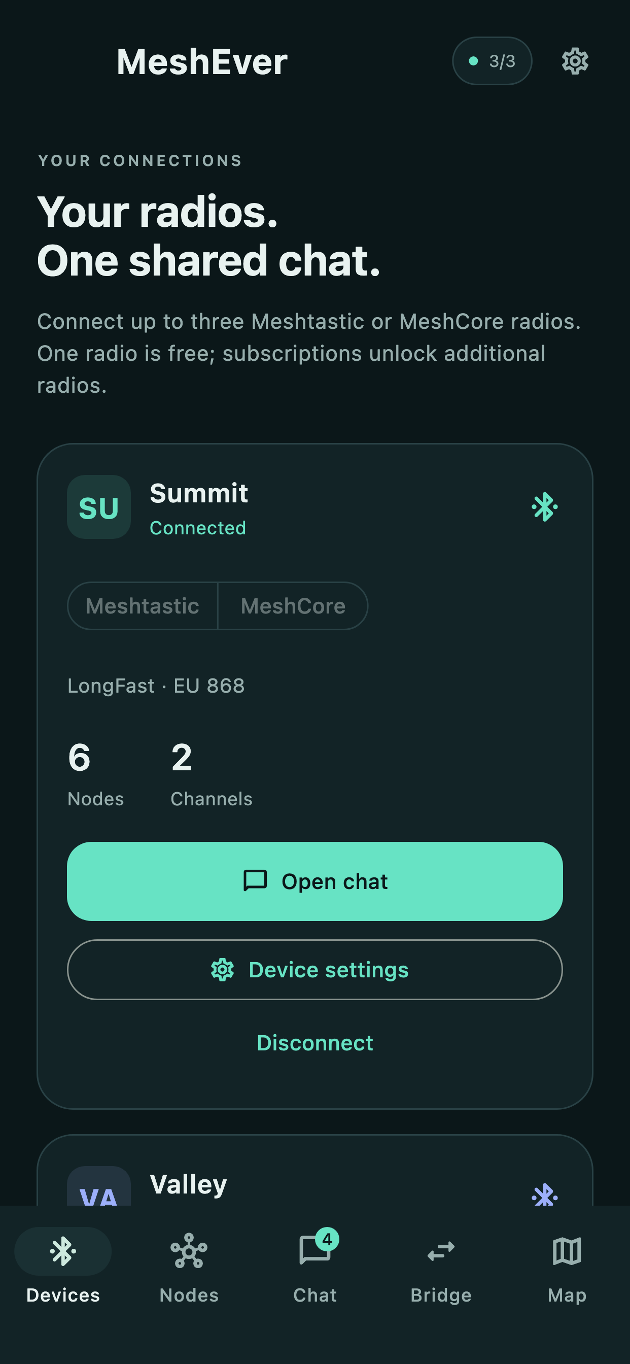 MeshEver radios view on iPhone, with sample data