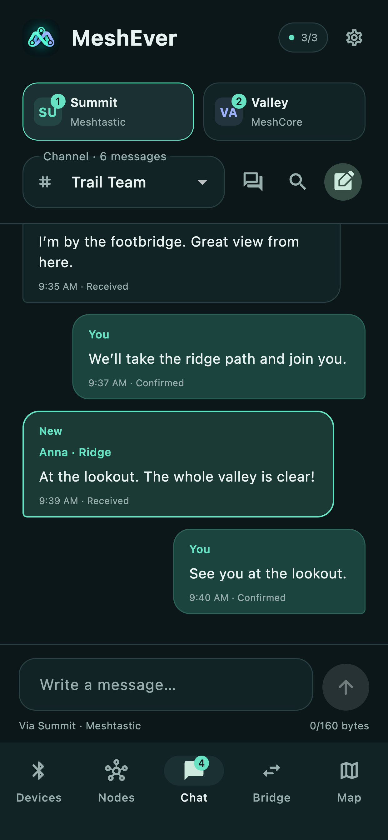 MeshEver channel chat with fictional sample messages